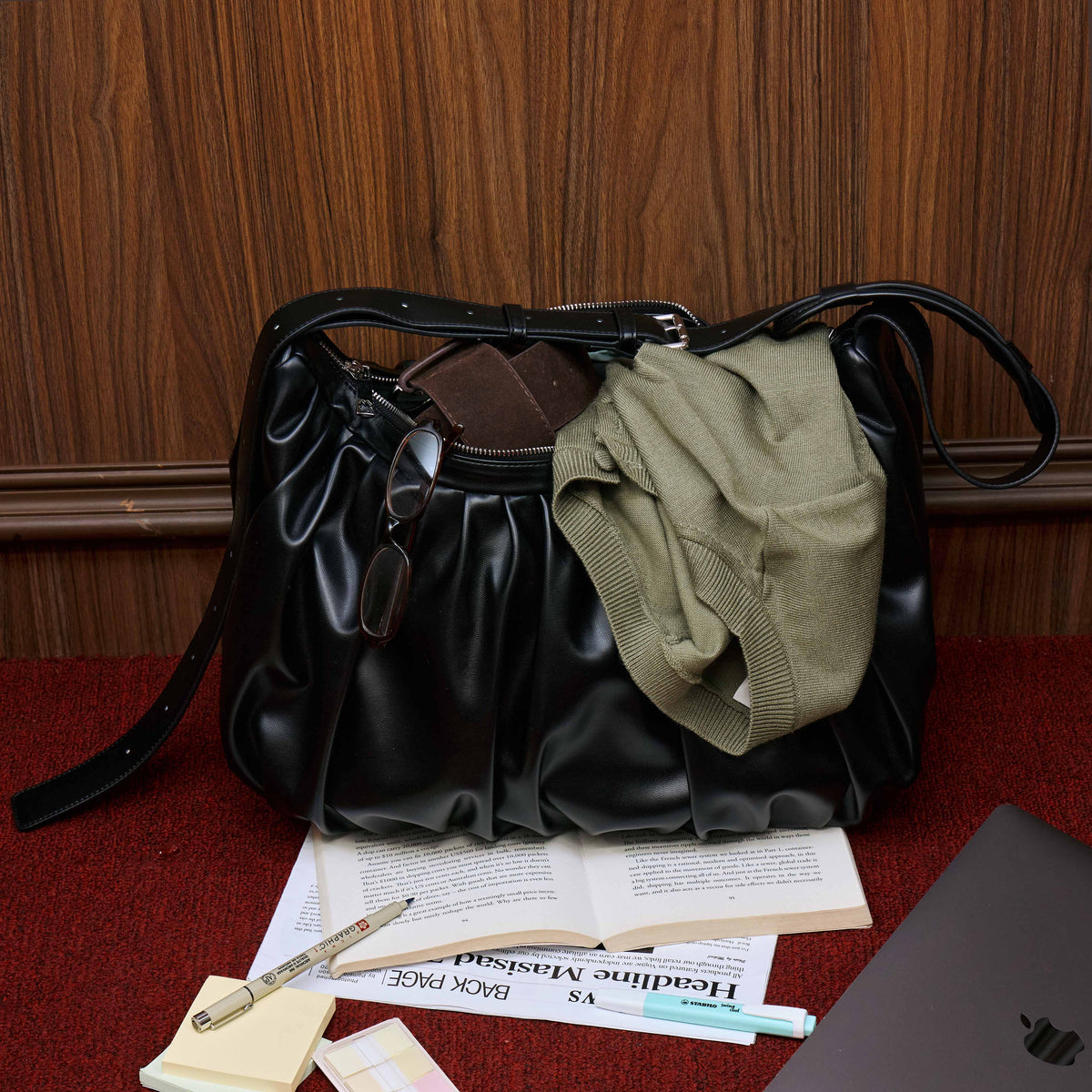 Leather Croissant Carryall (Black)