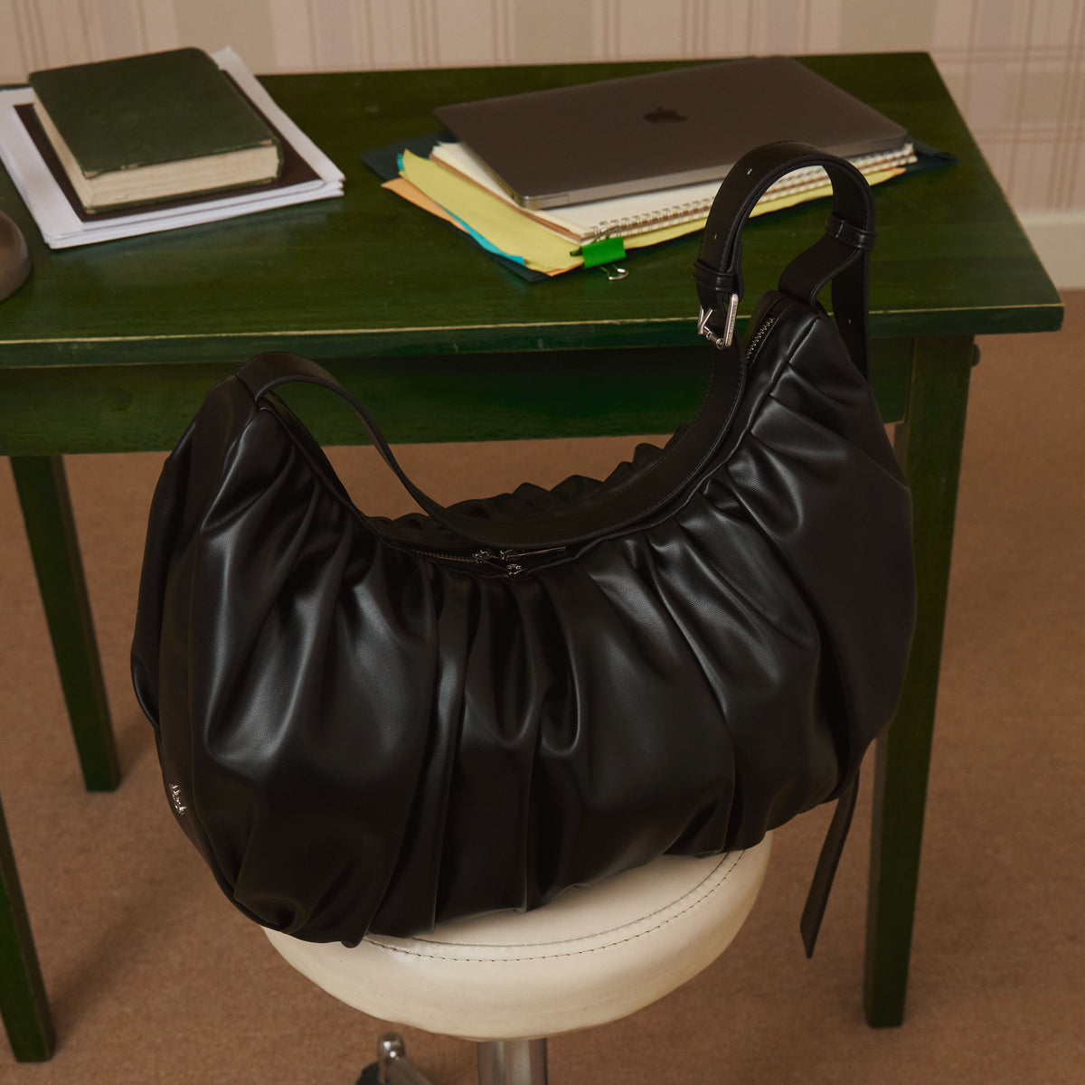 Leather Croissant Carryall (Black)